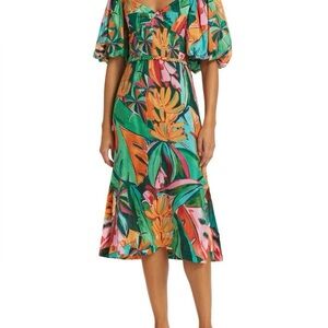 FARM Rio Tropical Green and Orange Midi Dress
